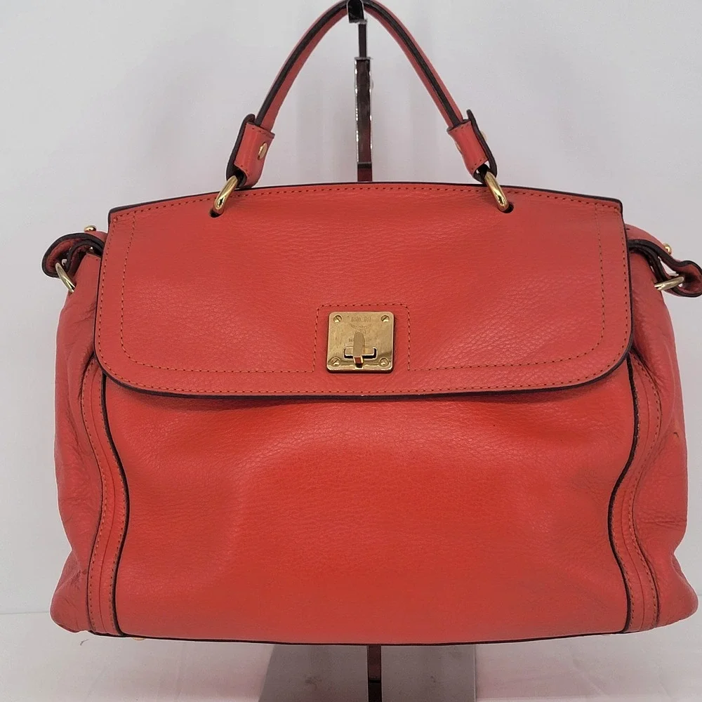 MCM Satchel Handbag Coral Orange Pebbled Leather Gold Hardware 2-in-1 Crossbody